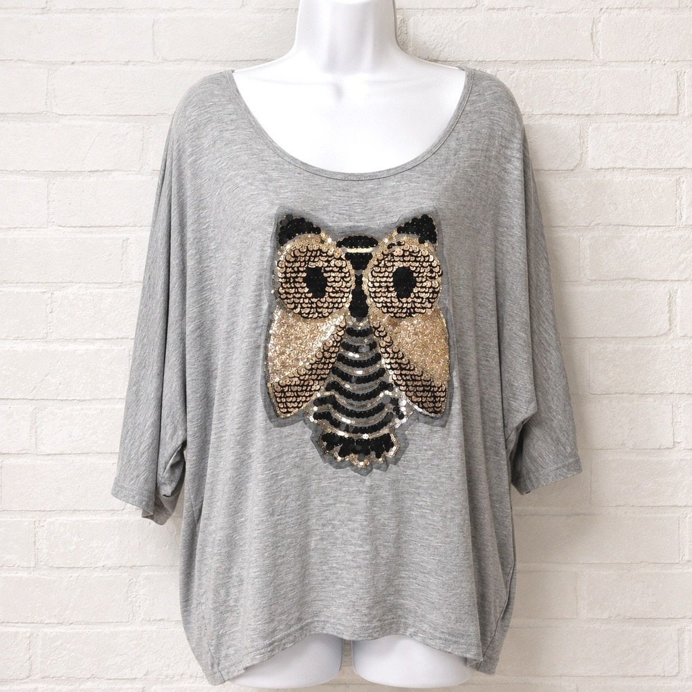 Womens Sequin Owl Oversized Top Size S Novelty Dolman Y2K Indie Maximalist Glam